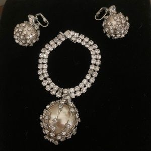 Mid-Century, Silver-tone Rhinestone Bracelet and Matching Earrings